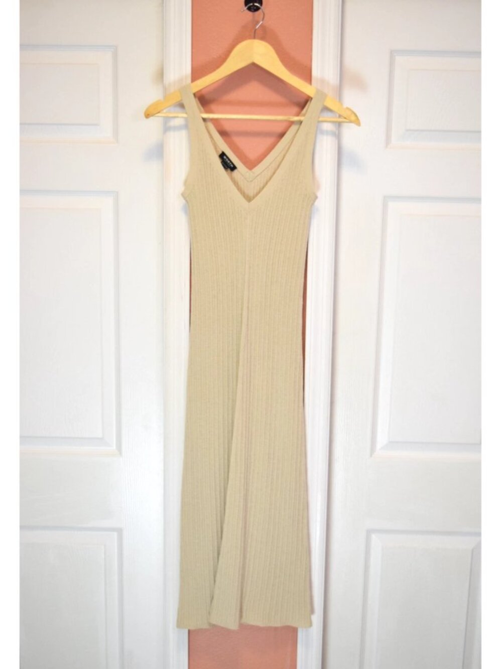 WORTH NEW YORK 100% WOOL RIBBED KNIT EXPOSED-SEAM MIDI DRESS